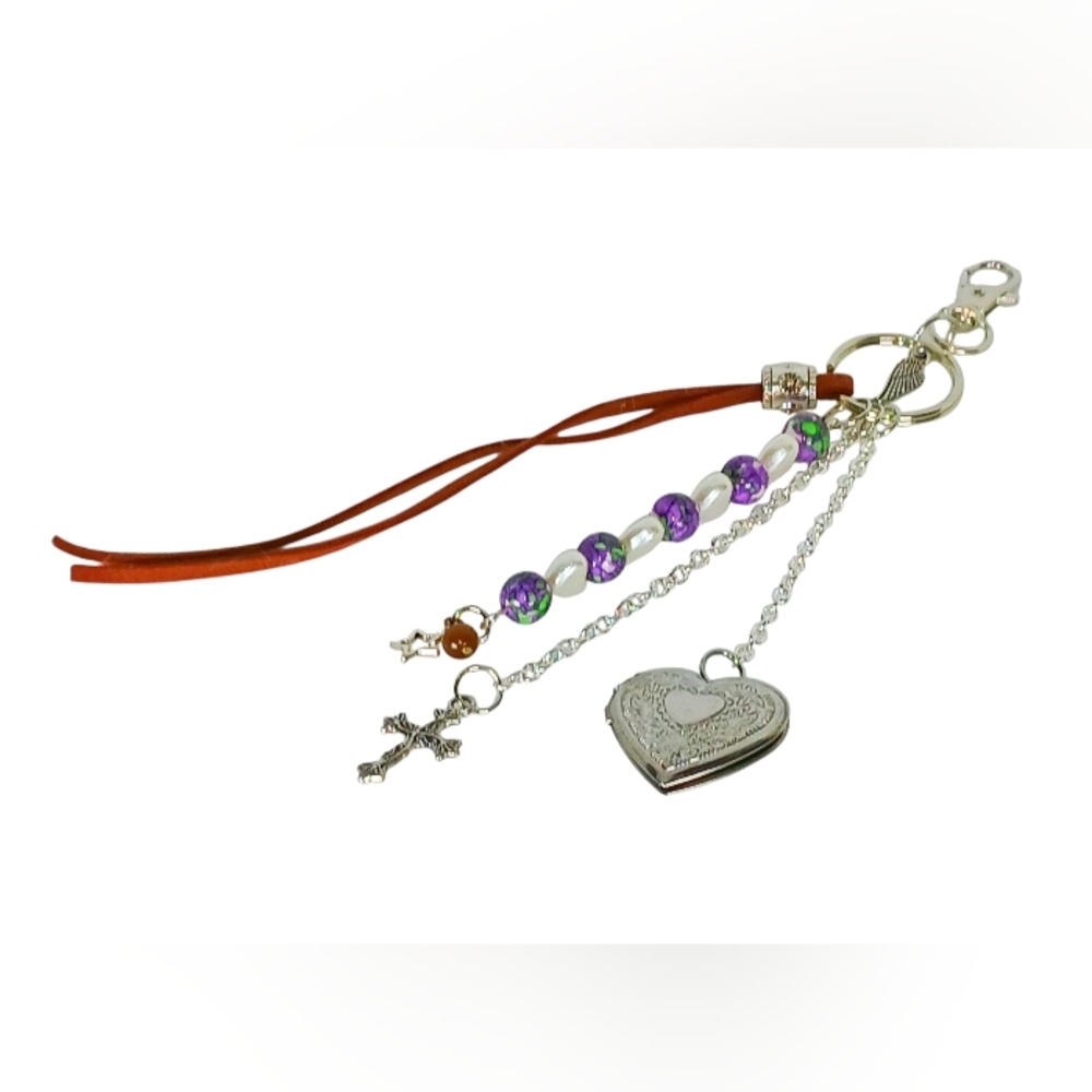 Bag Charm Purse Accessory Silver Locket Rainflower Stone Brown Tassel Western